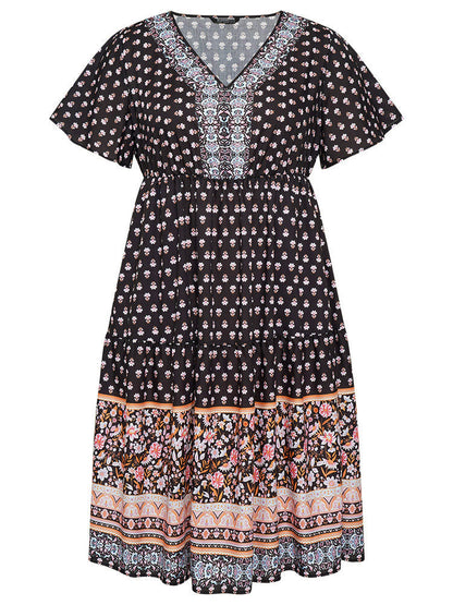 Boho Print Contrast Gathered Pocket Ruffles Dress