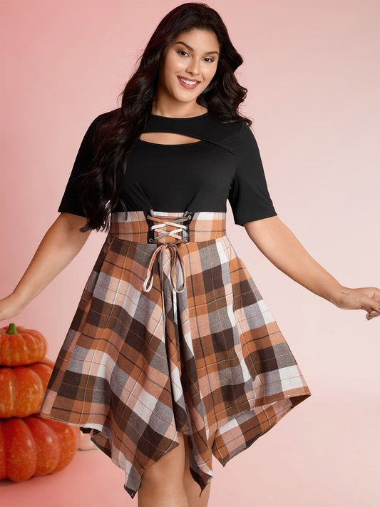 Halloween Plaid Wide Waistband Tie Midi Dress