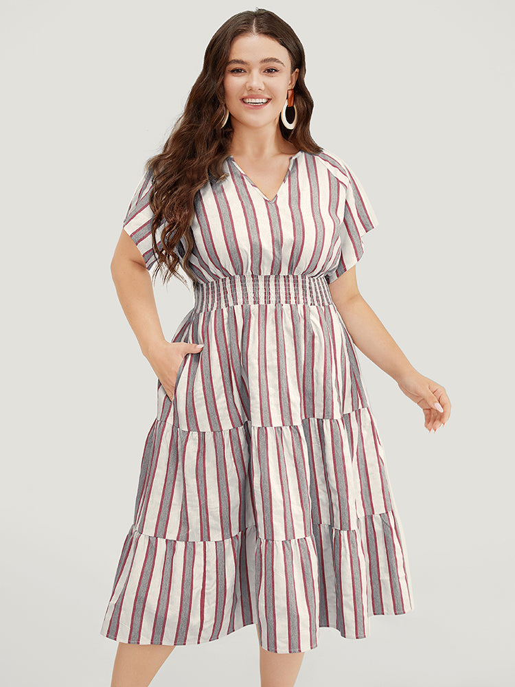 Striped Contrast Pocket Shirred Flutter Tiered Dress