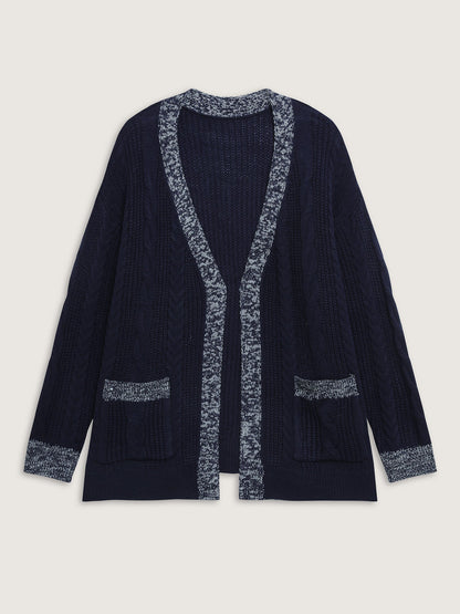 Mixed-Yarn Color Contrast Pockets Knit Cardigan
