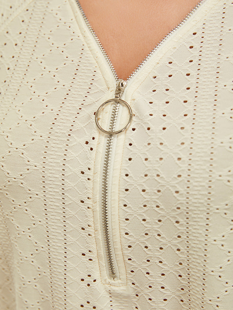Solid Half Zipper Broderie Anglaise T-shirt