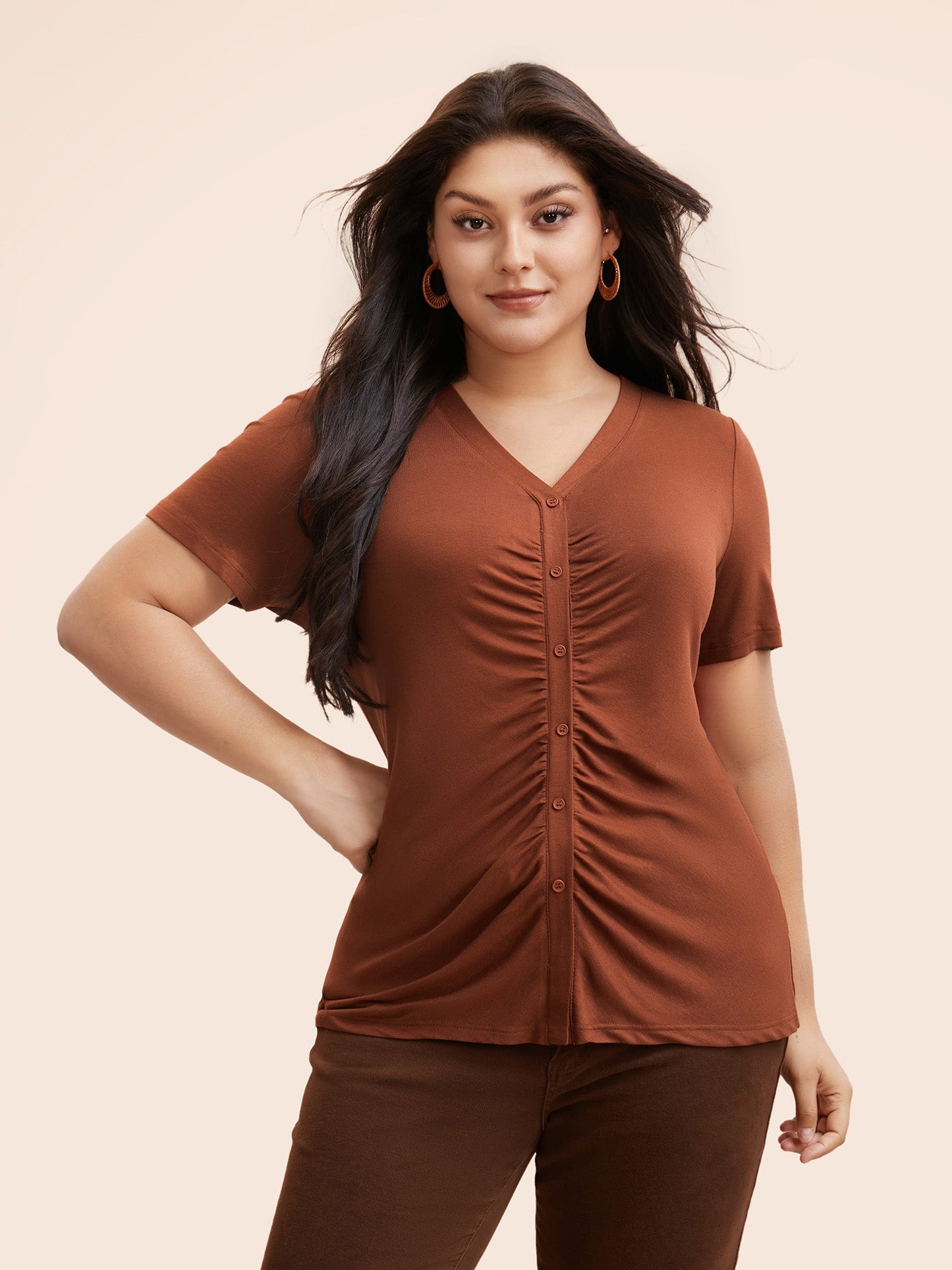 V Neck Button Detail Ruched T-shirt