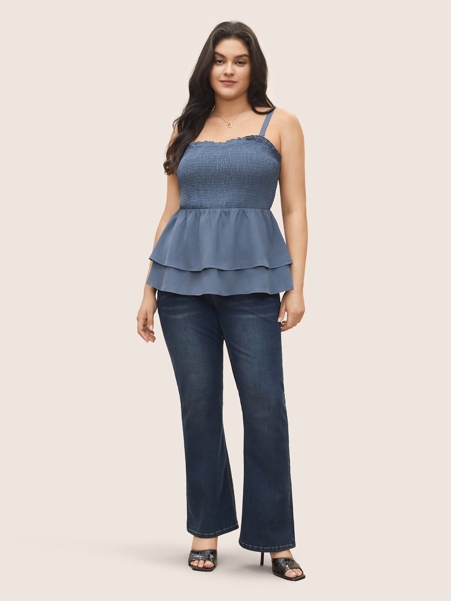 Solid Shirred Ruffle Layered Hem Cami Top