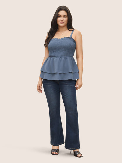 Solid Shirred Ruffle Layered Hem Cami Top