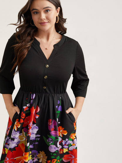 Brush Stroke Flowers Notched Collar Dress