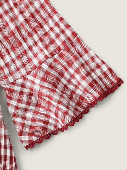 Gingham Print Stretchy Waist Back-Tie Midi Dress