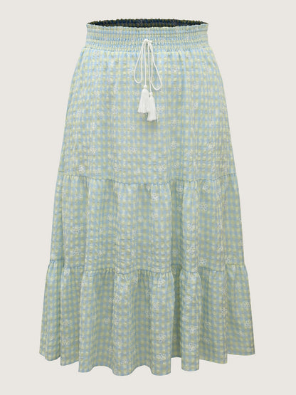 Plaid Floral Shirred Waist Maxi Skirt