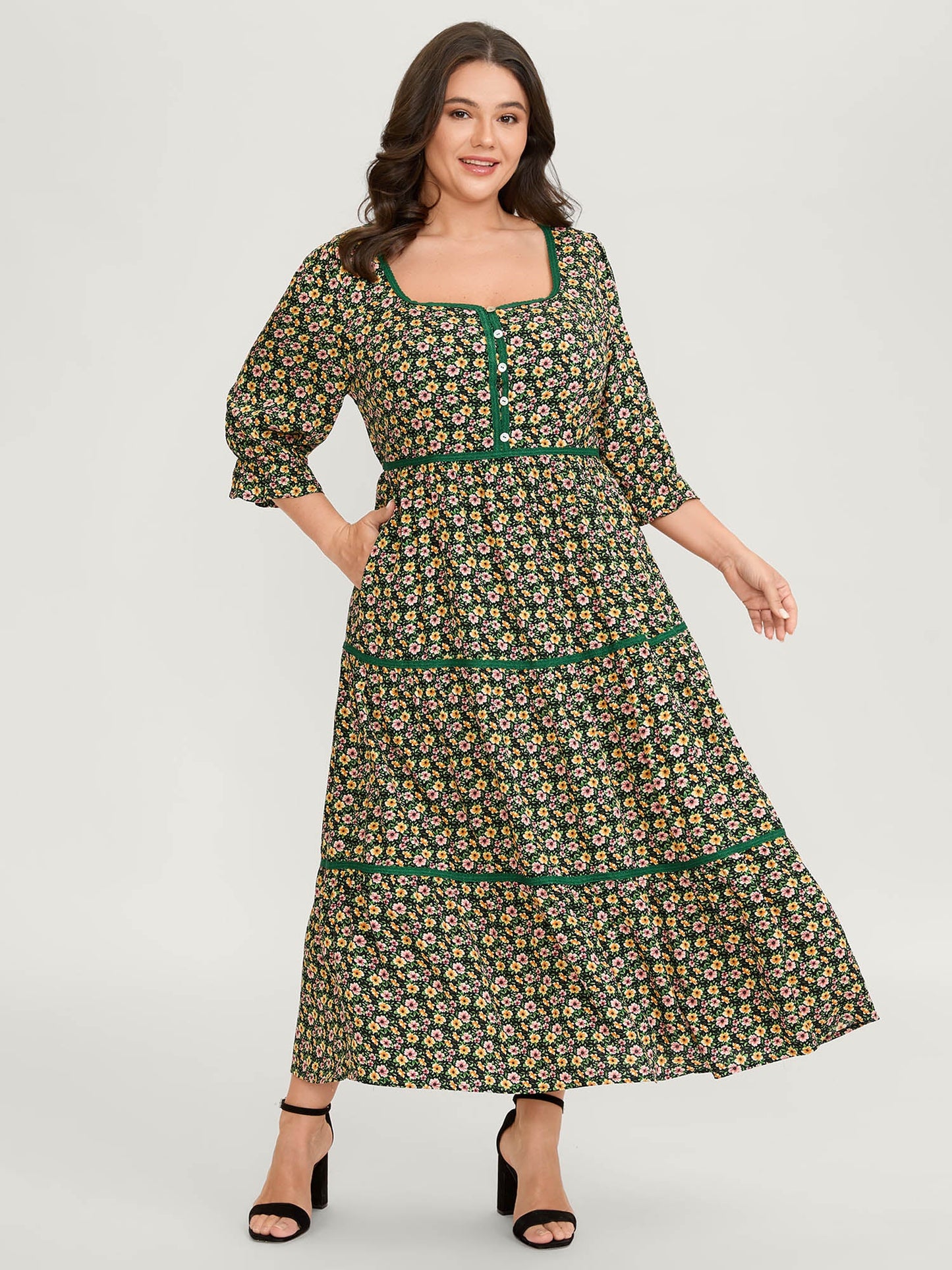 Dense Floral Print Stretchy Waist Maxi Dress