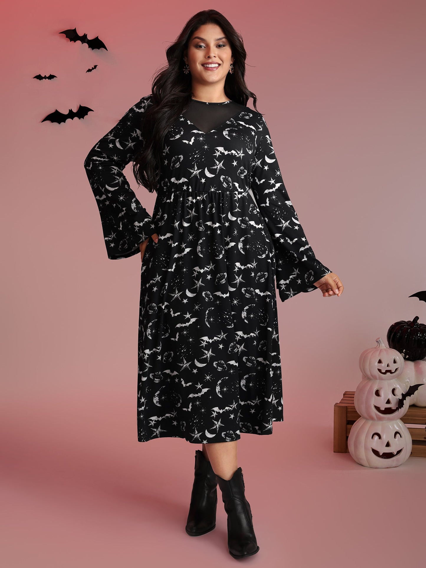 Celestial Halloween Print Sheer Pockets Maxi Dress