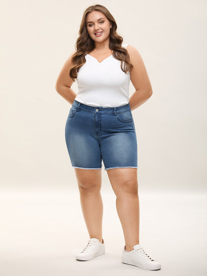 Frayed Hem High Rise Denim Shorts
