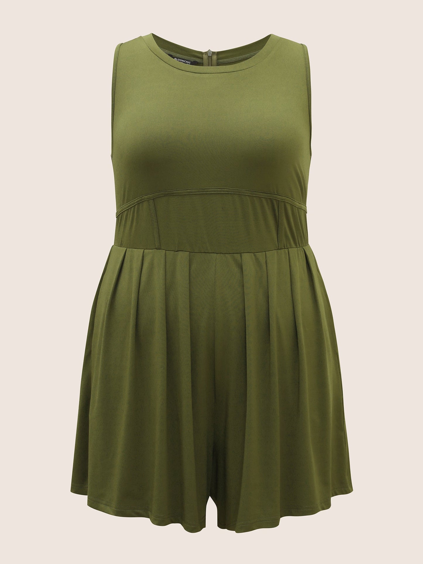 Plain Round Neck Cinching Waist Romper