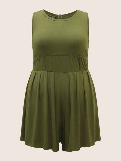 Plain Round Neck Cinching Waist Romper