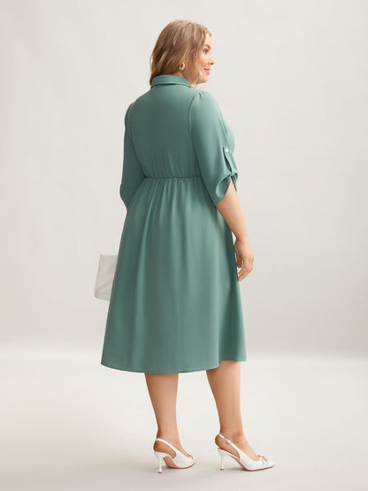 Shirt Collar Front Button Placket Midi Dress