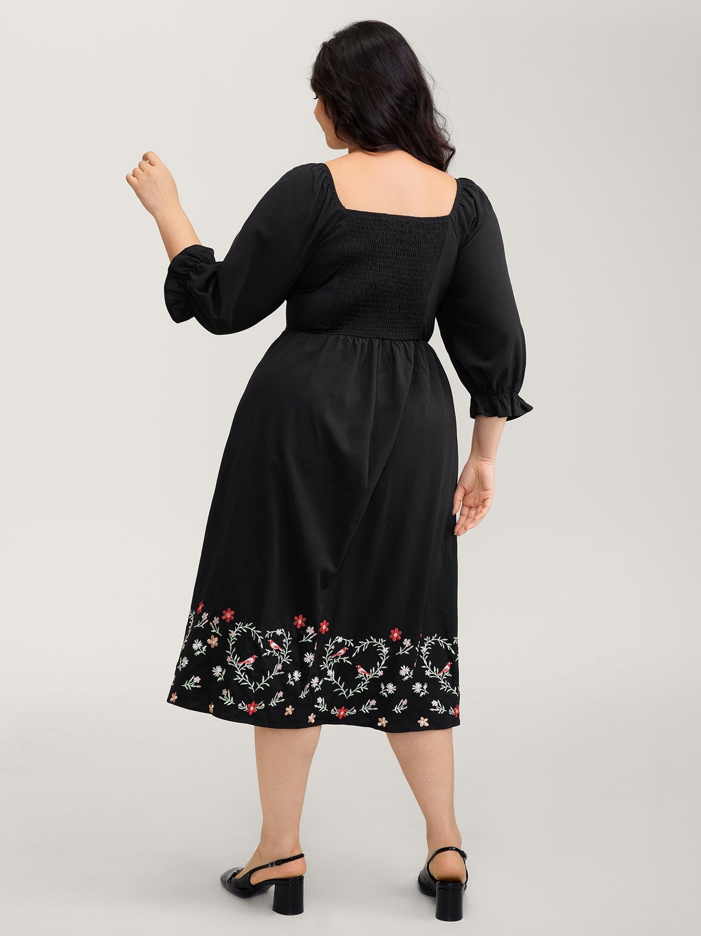 Floral Embroidery Puff Sleeve Midi Dress