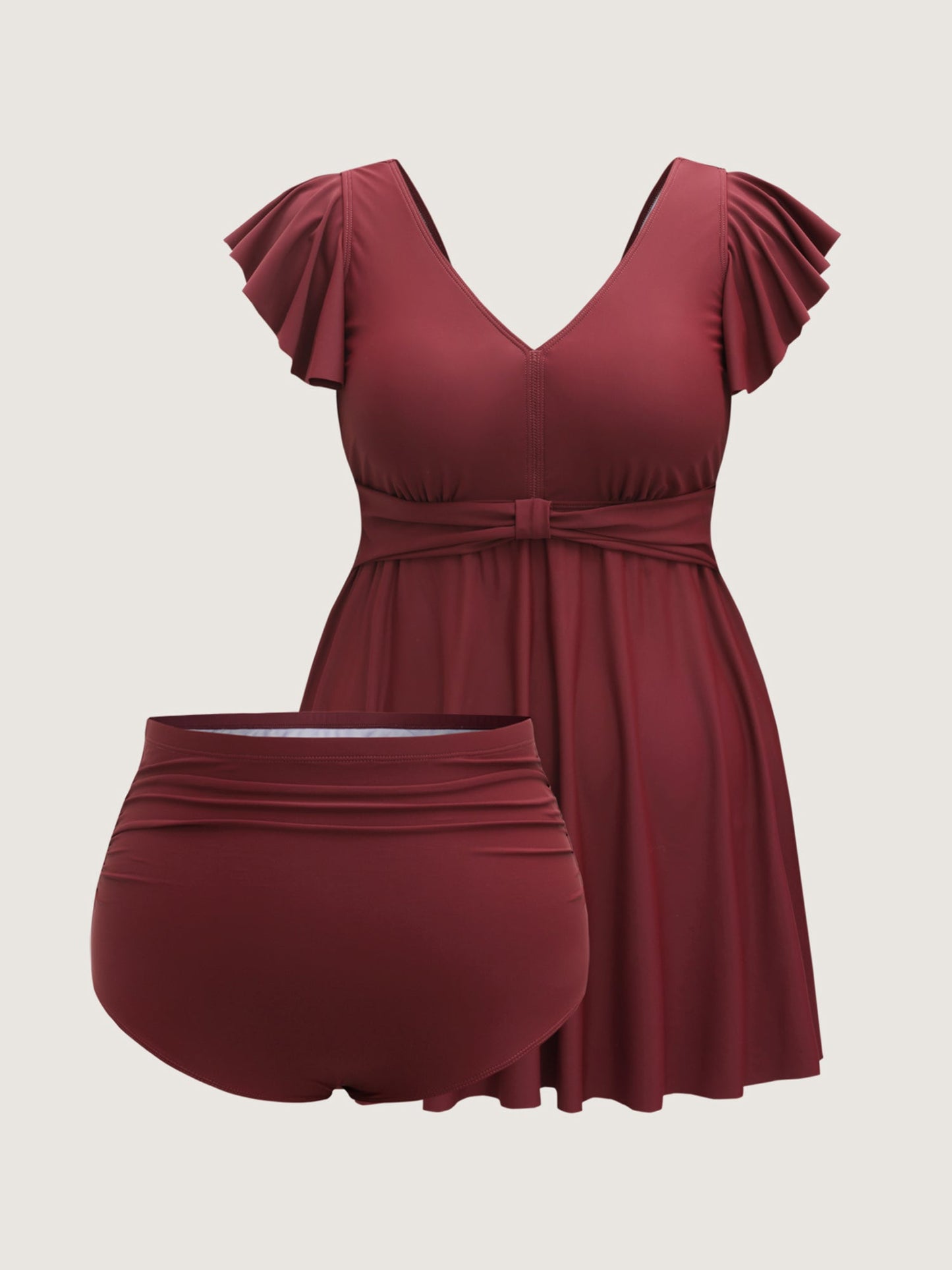 Pleated Waist Flutter Sleeve Swim Dress