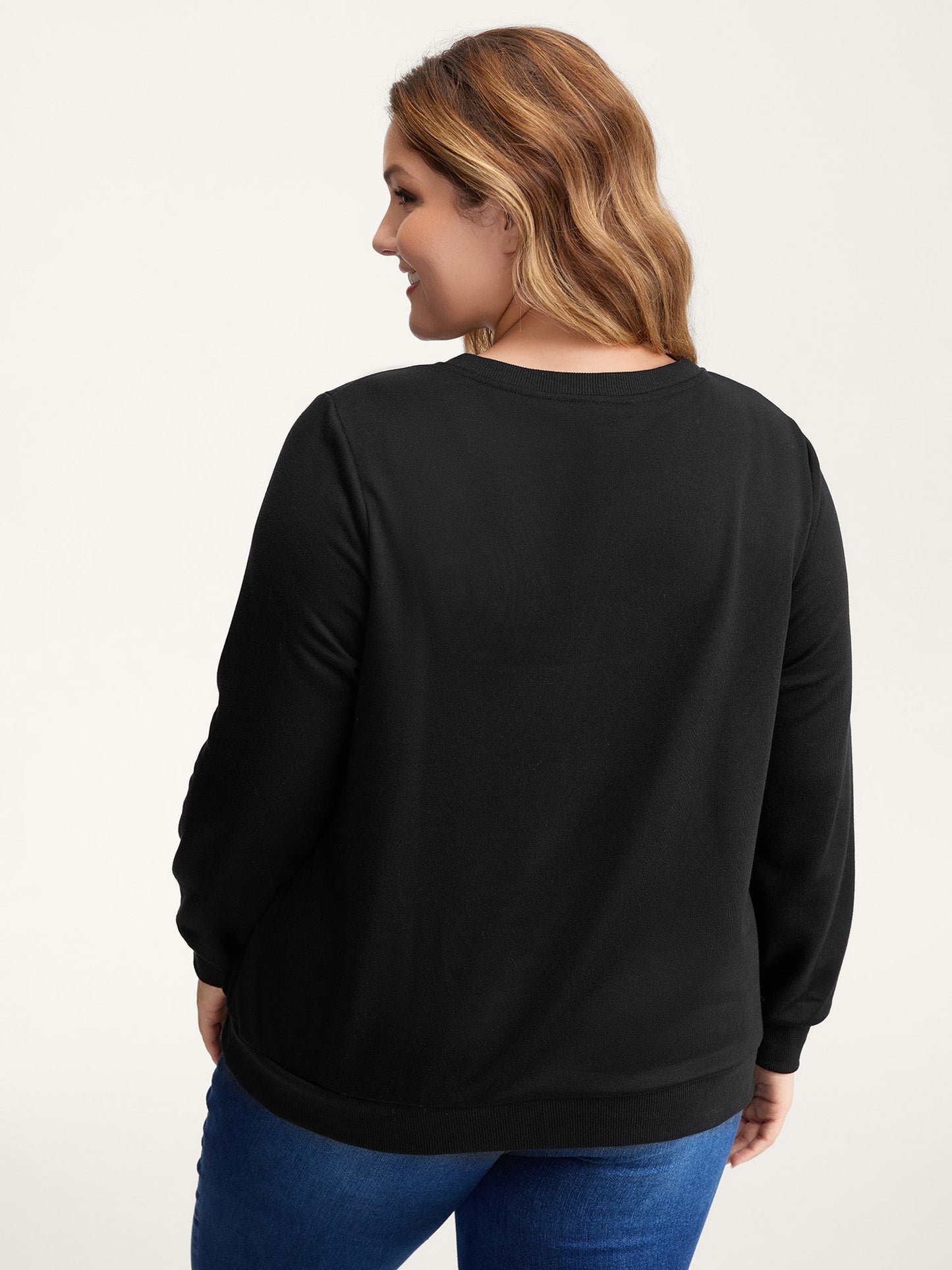Heart Motif Rhinestones Round Neck Sweatshirt