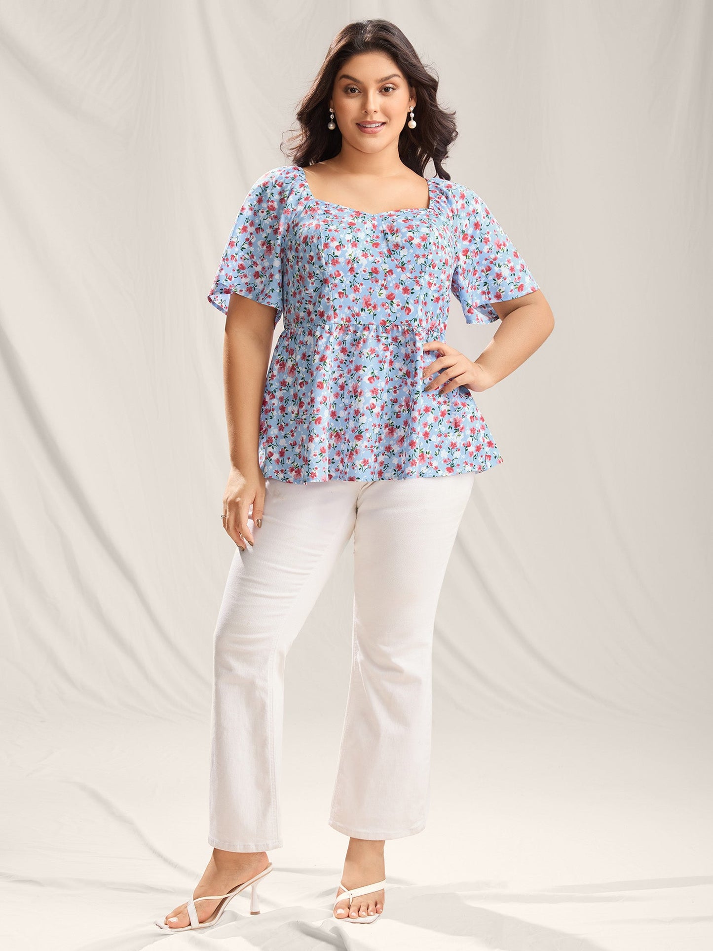 Floral Print Sweetheart Cinched-Waist Blouse
