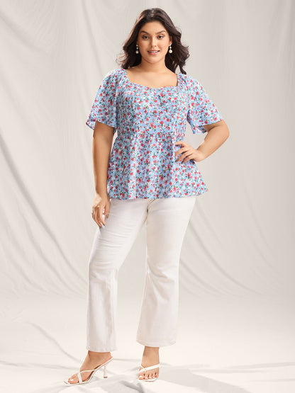Floral Print Sweetheart Cinched-Waist Blouse