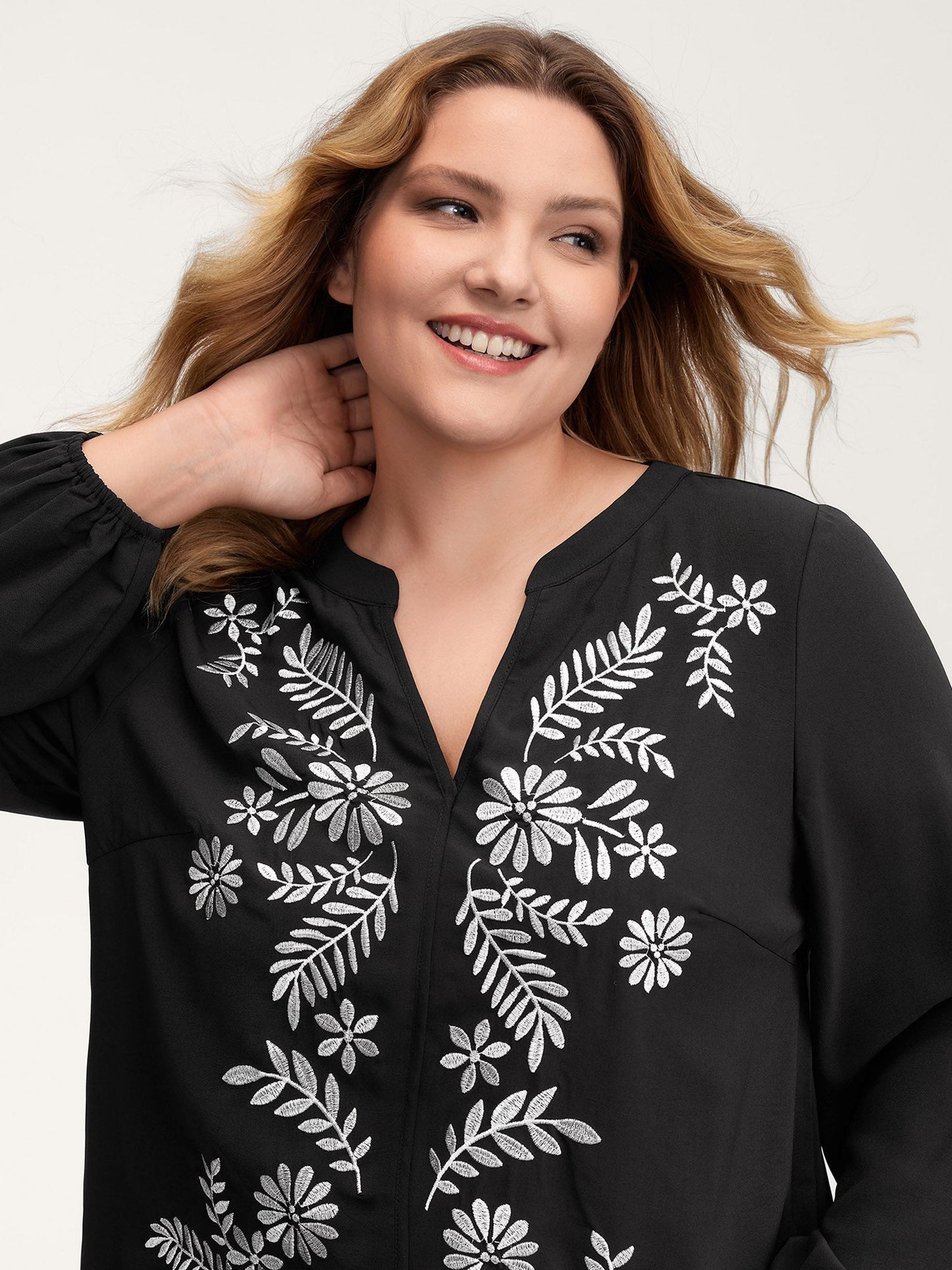 Floral Color Contrast Embroidery Blouse