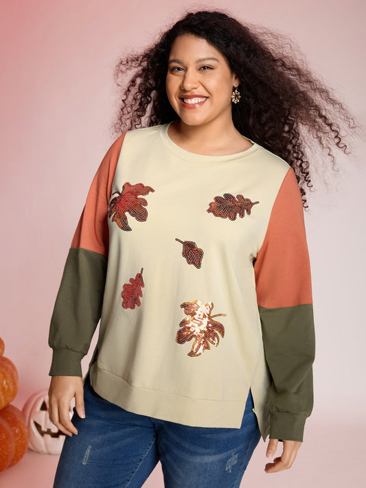 Crisp Leaf Print Sequin Embroidery Sweatshirt
