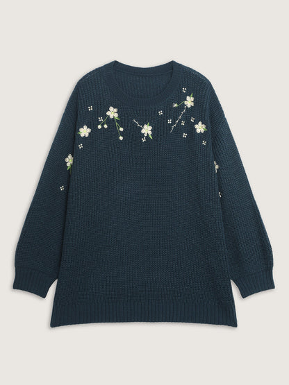 Floral Embroidery Textured Relaxed-Fit Pullover