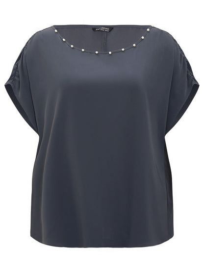 Solid Pearl Beaded Ruched Sleeve Blouse