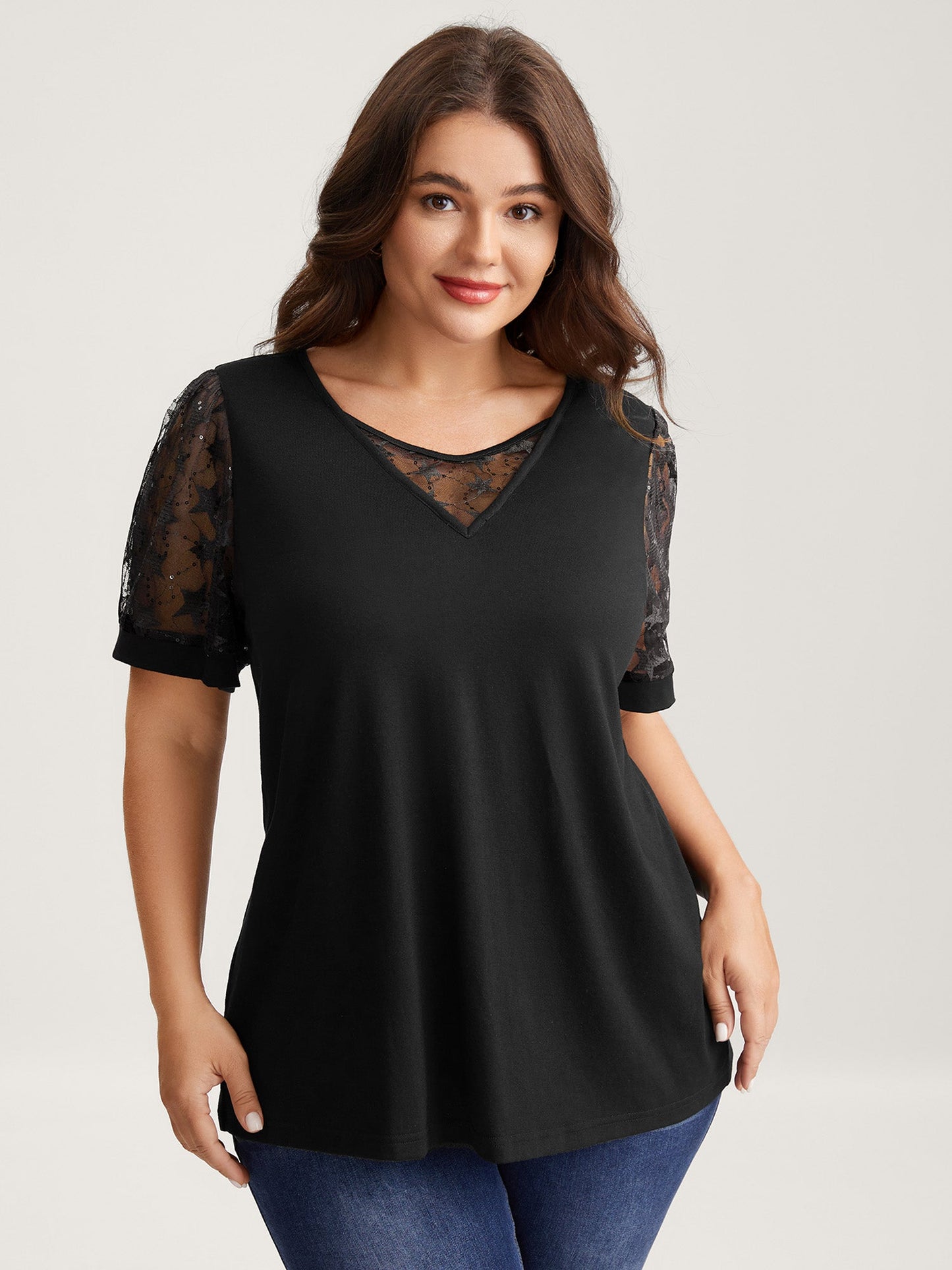 Beaded Mesh Sheer Patchwork T-Shirt