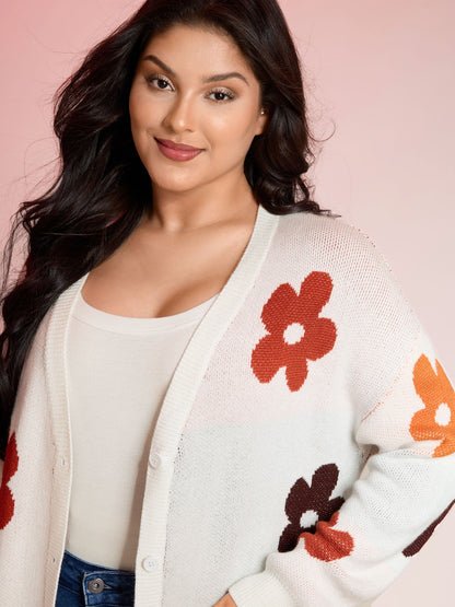 Floral Print Pockets Button-Front Knit Cardigan