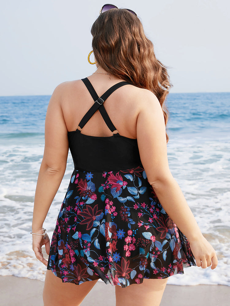Floral Print Ruffles Crisscross Front Swim Dress