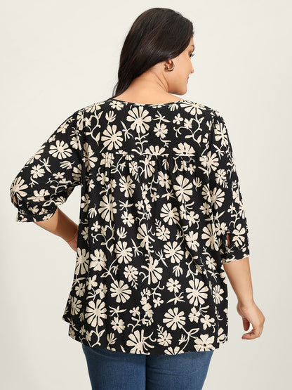 Floral Sleeve Neck-Tie A-Line Blouse