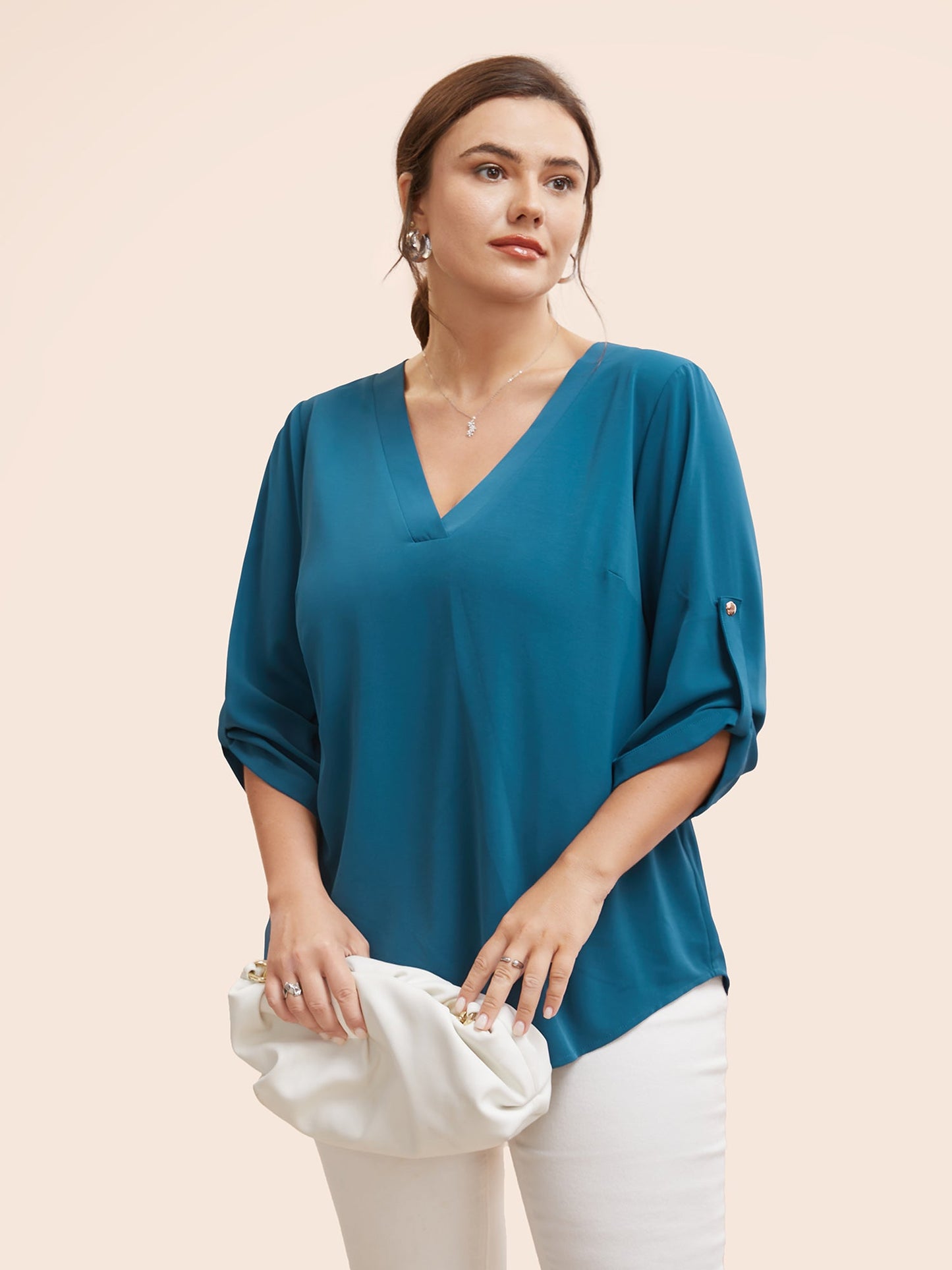 Solid Cuffed Sleeve Gathered Curved Hem Blouse