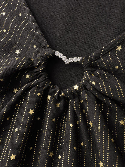 Gold Stamp Ruched Neckline Flowy Blouse