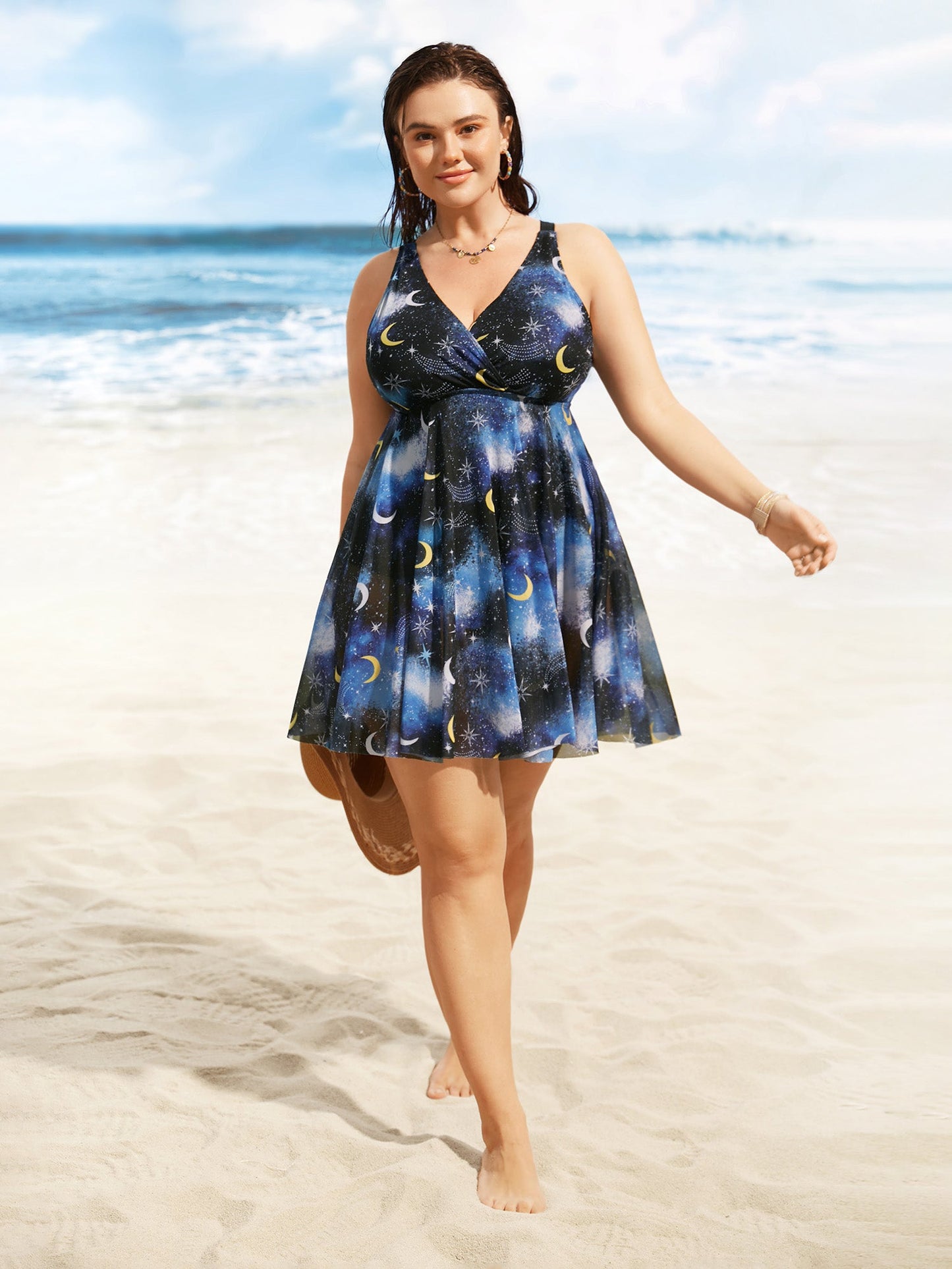 Overlap Collar Star & Moon Mesh Swim Dress