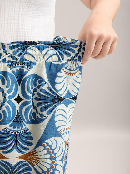 Boho Print Shirred Waist Straight-Fit Shorts