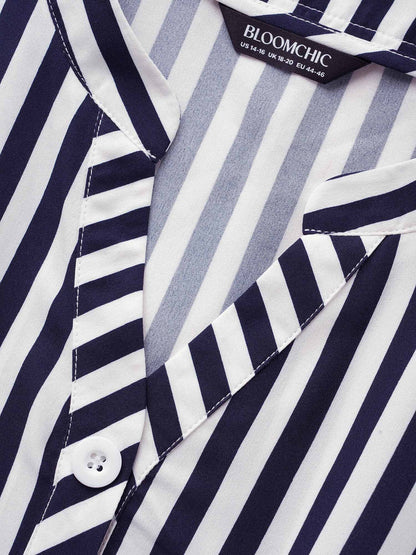 Striped Notched Button Detail Midi Dress
