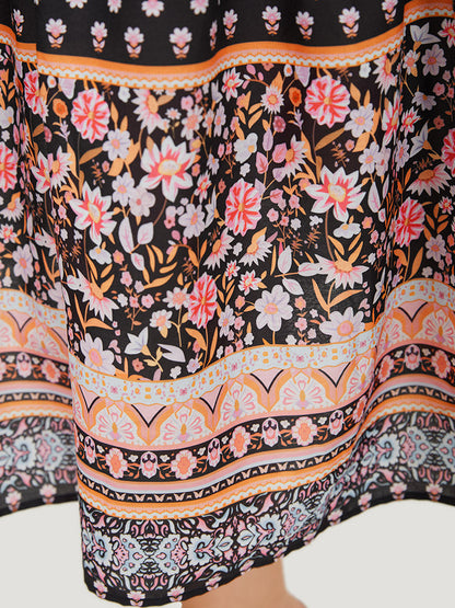 Boho Print Contrast Gathered Pocket Ruffles Dress