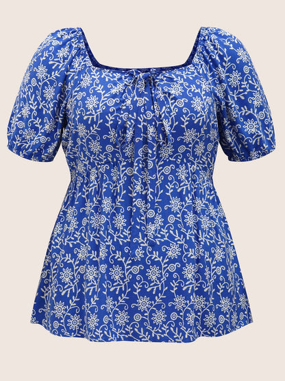 Bandana Print Notched Collar Lantern Sleeve Blouse