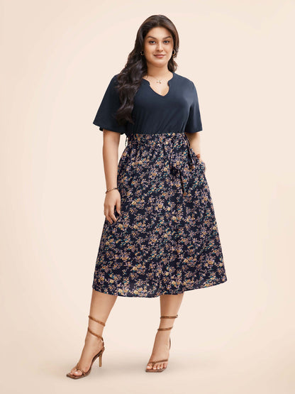 Notched Collar Floral Patchwork Belted Dress