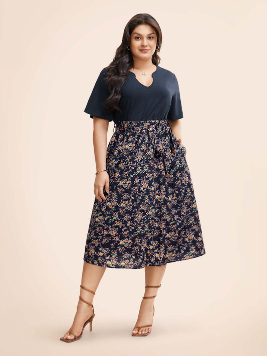 Notched Collar Floral Patchwork Belted Dress