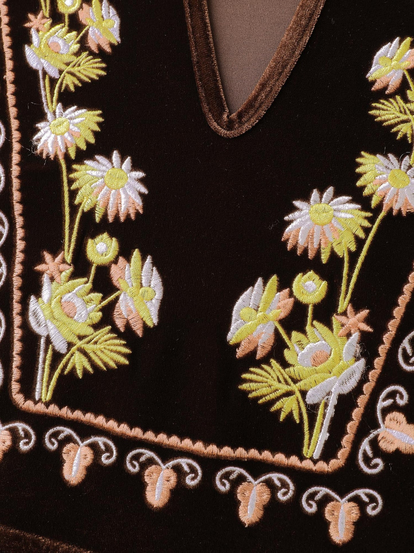Velvet Floral Embroidered Neckline Knee-Length Dress