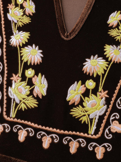 Velvet Floral Embroidered Neckline Knee-Length Dress