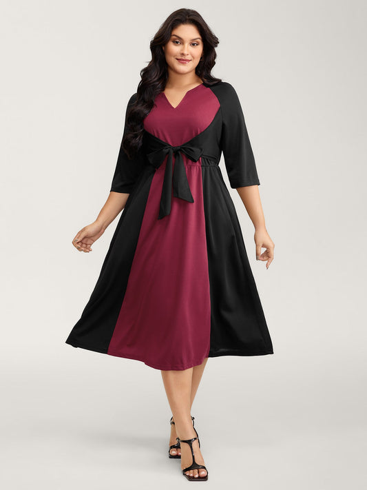 Contrast Stretchy Cinched-Waist Midi Dress