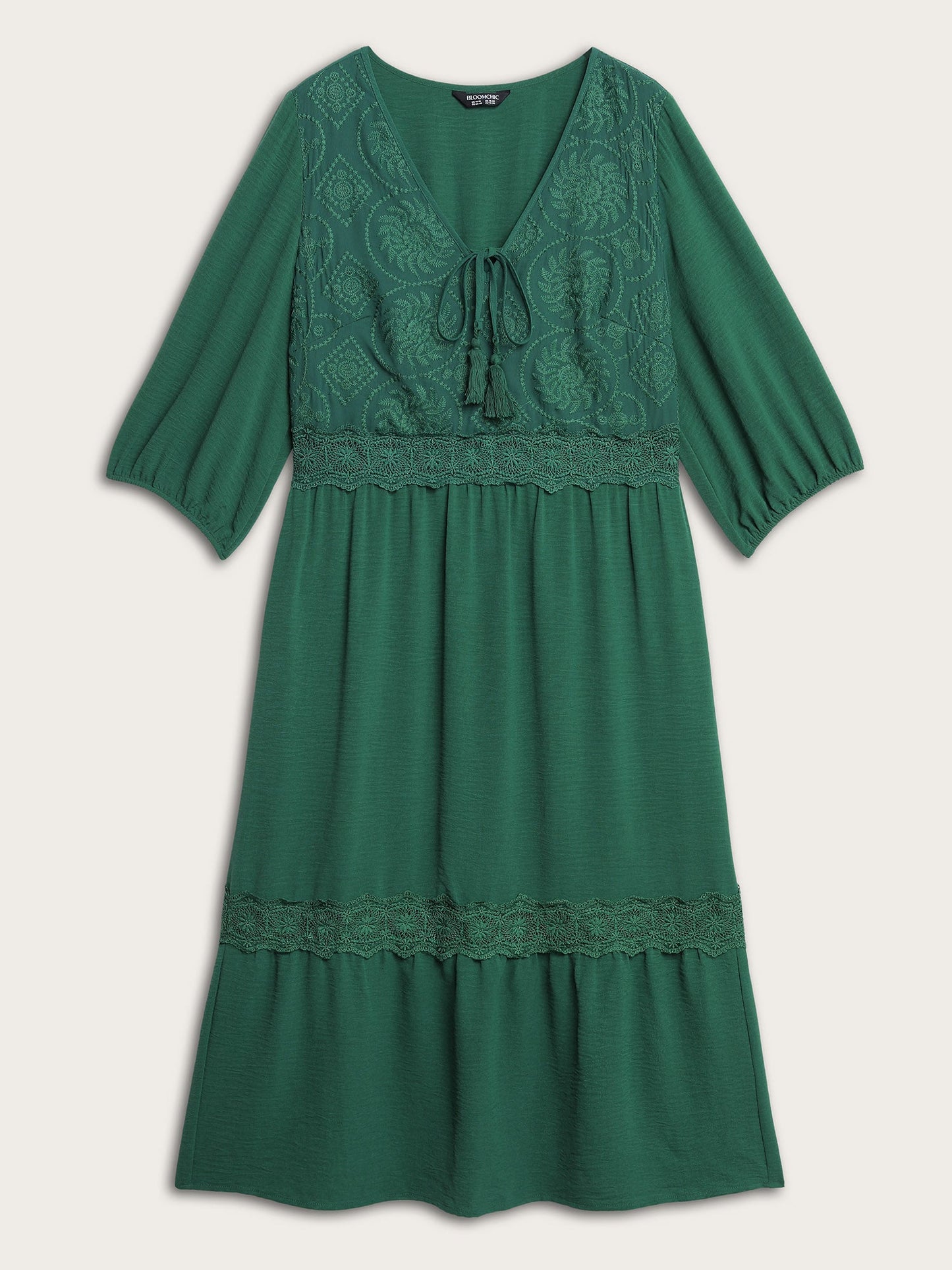 Embroidered Lace Trim Neck Drawstring Maxi Dress
