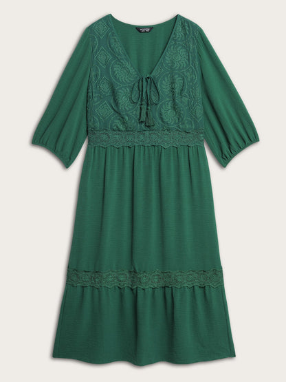 Embroidered Lace Trim Neck Drawstring Maxi Dress