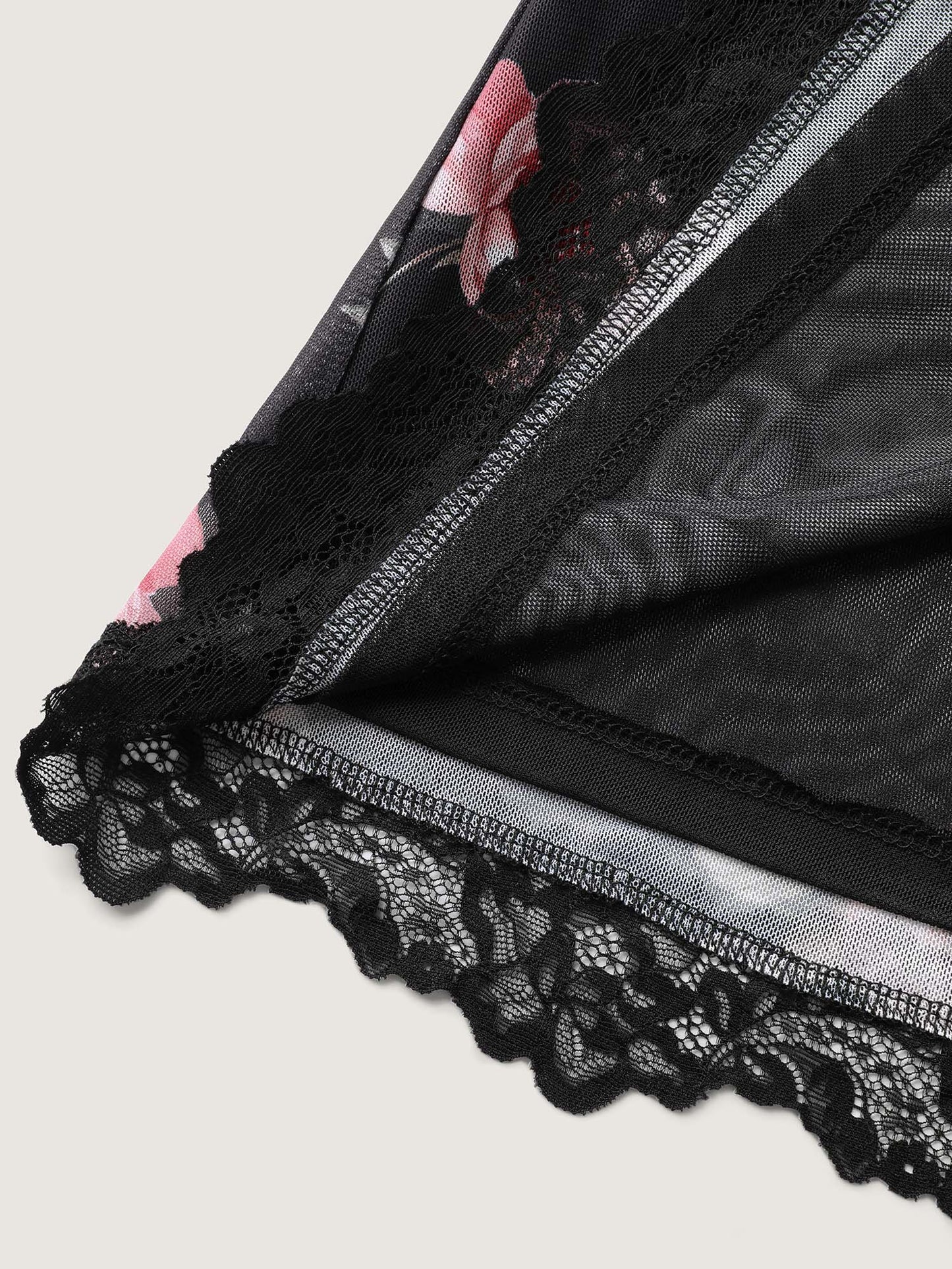 Rosy Print Lace Trim Deep V-Neck Sleep Dress