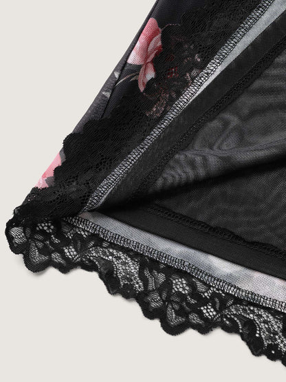 Rosy Print Lace Trim Deep V-Neck Sleep Dress