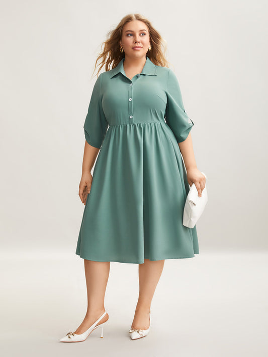 Shirt Collar Front Button Placket Midi Dress