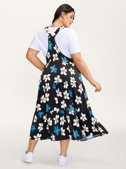 Floral Print Pockets Stretchy Waist Midi Dress