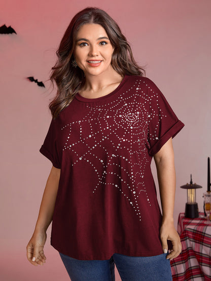 Spiderweb Rhinestone Stretchy Solid T-Shirt
