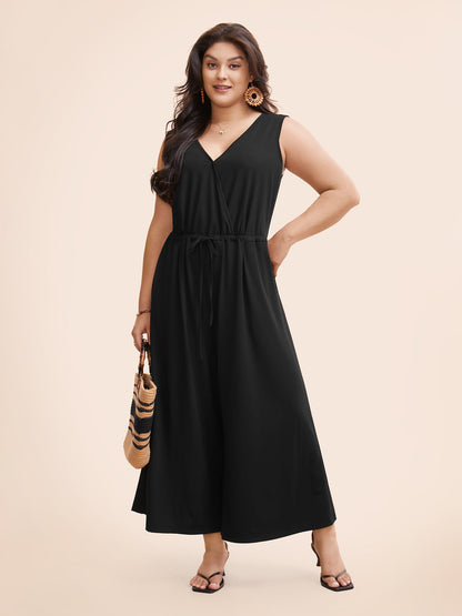 Solid Overlap Collar Drawstring Jumpsuit